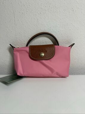 Longchamp Mini Le Pliage Nylon Guimauve Blush Pink Brown Top Handle Bag + Strap